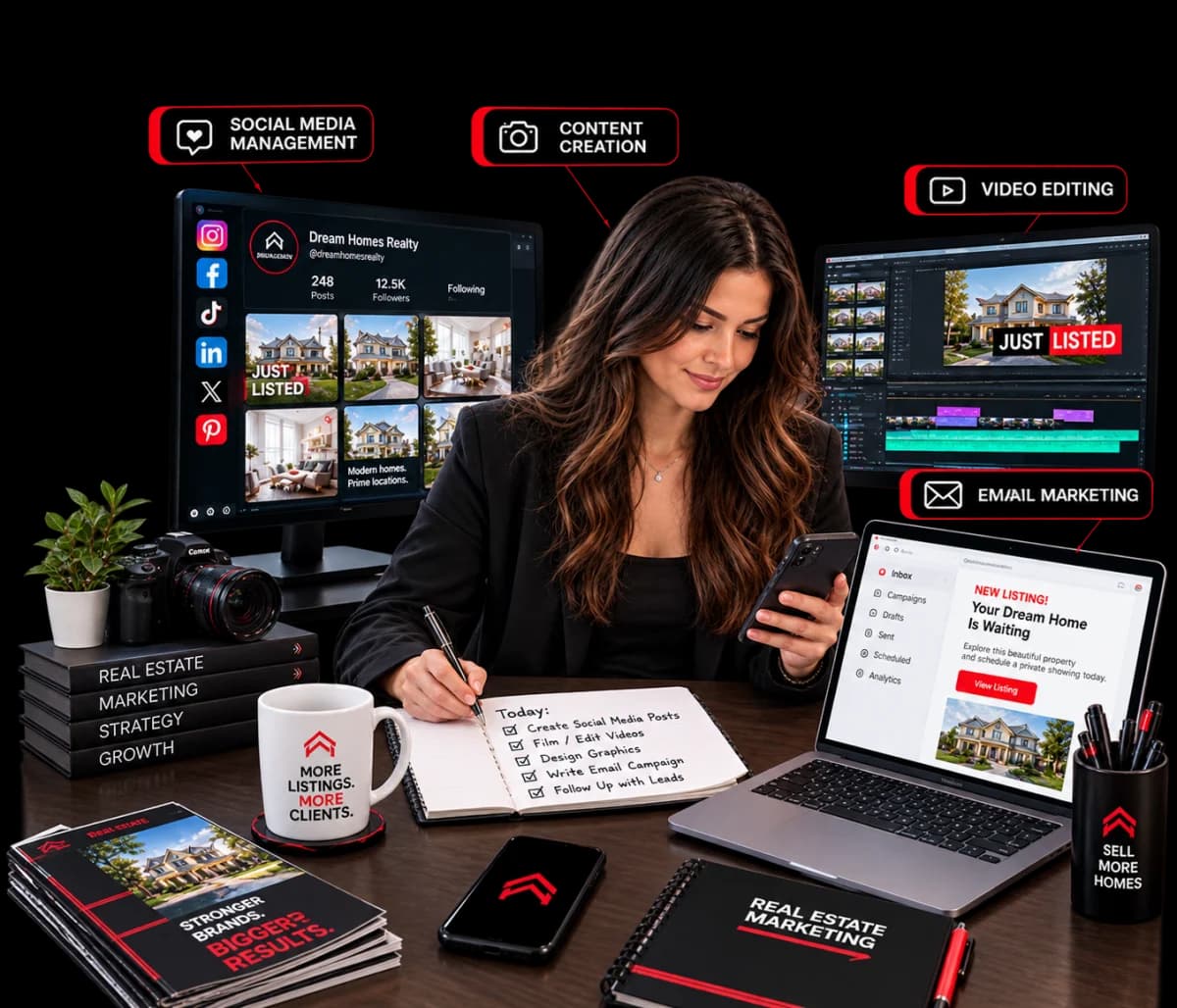 Social media management, content creation, video editing, and email marketing running side by side on one desk