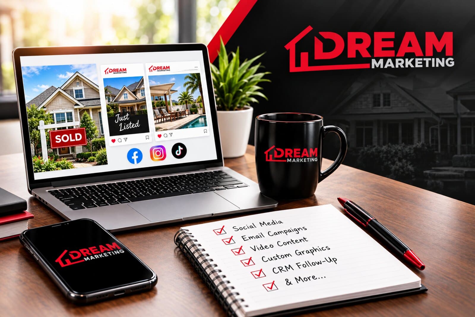 A Realtor's branded social posts, email campaigns, and video content laid out across a laptop, phone, and planning notebook